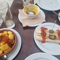 Potatoes dish, vegetarian taqitos?, mushrooms and a consumed soup of carrots and pumpkin (I think) at El Saloon in Gran Canaria