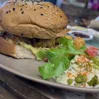 Burger with Crispy Kelbone (selfmade Seitan)   at Shlomo in Grand Baie