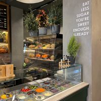 Food prep area and decor at Fit Food in Tirana