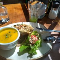 Vegan burrito with carrot soup at El Huerto in Santiago