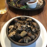 Mushrooms and tacos with rice and vegetables/salad at El Huerto in Santiago