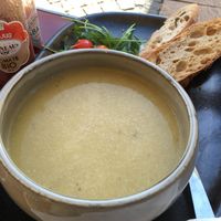 Soup of the day served with toasted bread and a small salad at Utopia in Bordeaux