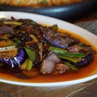 chili bean eggplant.
Vegan.
chinese eggplant. bell peppers. onion. hot bean sauce. at Inchin's Bamboo Garden in Williamsville