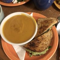 delicious creamy butternut squash bisque!! and i also got the BEST VEGGIE BURGER IVE EVER TASTES with pesto hummus at Passiflora in New Hartford