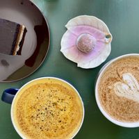 Vegan tumeric chai and chai. Made with oat milk    at Coffee Circus Joy in Marsalforn