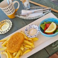 Vegan fish and chips, so delicious! at Coffee Circus Joy in Marsalforn