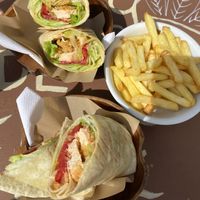 Vegan chicken wraps and chips  at Coffee Circus Joy in Marsalforn