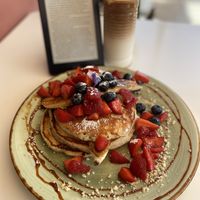 Vegan pancakes and iced coffee  at Brunchit in Malaga