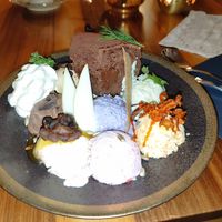 Gluten and sugar free chocolate cake with lentil wip and ice cream surprise at Formidable Pelikan in St Gallen