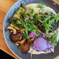 Quinoa und Spargel an Umamisauce, Rotkohlspiegel und Pilzen 🫶🏻  at Formidable Pelikan in St Gallen