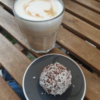 Coconut choco Ball and latte macchiato with oat milk at Qoffee in Malmo