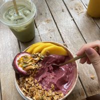 Half eaten açai bowl & matcha latte with oat milk  at JaJa Cafe & Spice in Koh Phi Phi