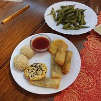 Spring rolls, sesame balls and sweet potato disks at Albufeira Sushi in Albufeira