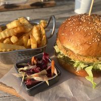 Vegan burger made of beans and buckwheat. Contains pesto. Very tasty!   at Drunk Cherry in Gudauri