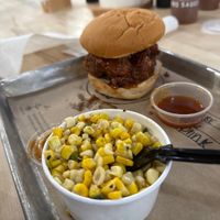 Vegan burnt end sandwich and vegan corn  at 4 Rivers Smokehouse in Orlando