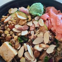 Vegan steak poke bowl with Wasabi, almonds, kale and white sesame seeds at PokeBox in Nags Head