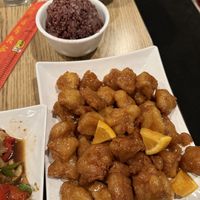 orange chicken and purple rice  at Urban Vegan - Lake View in Chicago