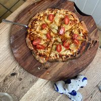 Vegan pizza with potato slices   at Landbogården in Aeroeskoebing