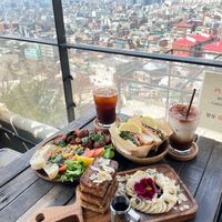Vegan banana french toast, vegan tempeh hummus platter, non-vegan salmon bagel  at The Royal Food & Drink in Seoul