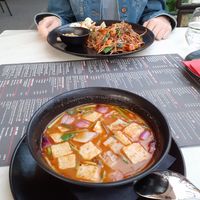 Back: Phad Thai with Tofu (without egg and oyster sauce)  front: Tom Yam soup at ARROI Restaurant in Bled