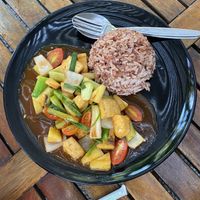 Sweet and sour tofu with rice  at Veggie Tales x Wagging Tales Cafe in Hua Hin
