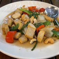 Stir-fried tofu with cashew nuts, 120 baht  at Veggie Tales x Wagging Tales Cafe in Hua Hin