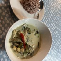 Green curry with vegetables and tempeh + steamed rice  at Veggie Tales x Wagging Tales Cafe in Hua Hin