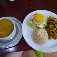 Soy, rice, salad, vegetable soup 😁 at El Huerto in Barranquilla