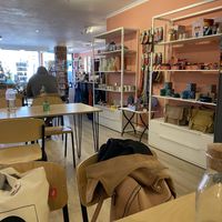 Cafe decor: lots of local artist pieces   at Laughing Dog in Worthing