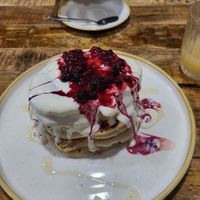 Pancake stack with seasonal fruit at Fika+ in Chester