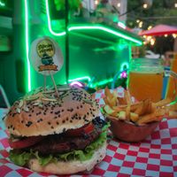 Burguer combo with pulque at Estación Vegana Oficial in Mexico City