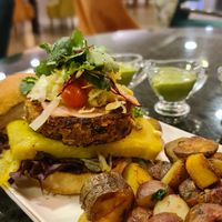 Pinto Bean Burger with extra vegan cheese (superb) at Biofilia - Botánica Coffee House in La Paz