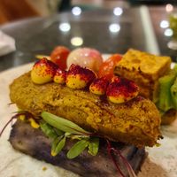 Vegan Chorizo with Potato Stack and a vegetable tofu skewer at Biofilia - Botánica Coffee House in La Paz