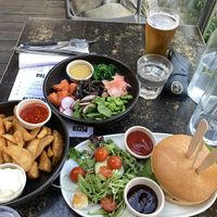 Poke bowl, vegan burger (modified veggie burger) , bowl of wedges  #Veganuary at Huskisson Hotel in Huskisson