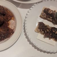 Crostini, eggplant caponata, pinenuts, fried sage $15.00: caper/fishy taste, bit tangy, didnt enjoy it; Fried potato+sweet corn croquettas w/almond romesco $18.00: ok at Patsy's in Melbourne