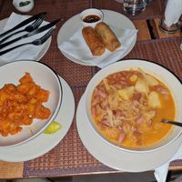 Springrolls + fried sweet potatoes + Sloval Sauerkraut+bean stew - all yummy at The Plants in Zanzibar