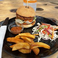 Classic burger, salad and fries  at The Plants in Zanzibar