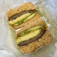 sausage egg and cheese with avocado on a jalapeño bagell   at Ben & Esther's Vegan Jewish Deli in San Diego