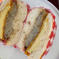 Latke, egg, and cheese bagel sandwich at Ben & Esther's Vegan Jewish Deli in San Diego