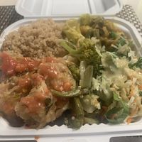 Caulk wings, veg stir fry, curry veg and quinoa   at Veggie Campus in Kingston