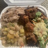Stew peas, coconut broad beans, BBQ balls  at Veggie Campus in Kingston