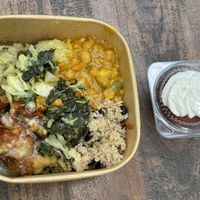 Black bean quinoa, mashed sweet potato, cauliflower bites, stir fry veggies & my fav velvet cupcake 🧁😃  at Veggie Campus in Kingston