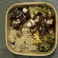 Quinoa, cauliflower wings, stir fry vegetables & jerk mushrooms   at Veggie Campus in Kingston