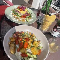 hummus waffles and green salat with potato and chick peas   at Liana Kohvik in Parnu