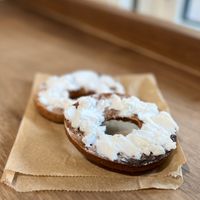 Pumpernickel bagel with vegan cream cheese   at Flying Goat Coffee in Healdsburg