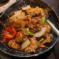 Mock chicken with black bean sauce  at Plum Valley in London