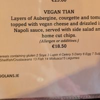 Vegan Tian on the menu at Dolan's Pub and Restaurant in Limerick