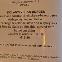 Vegan burger on the menu at Dolan's Pub and Restaurant in Limerick