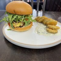 Portobello mushroom burger with deep fried pickles and house made tzatziki    at Stillfood Bistro in Salmon Arm