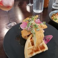 Brunch Special: Vegan Chicken & Waffles with a Frose to drink at Stillfood Bistro in Salmon Arm